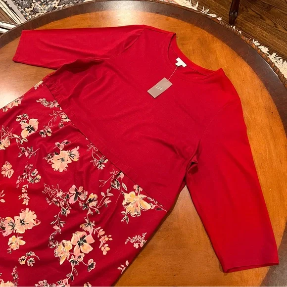 NEW $109 J.Jill Sepia Blossoms Knee-Length A-Line Dress Red Floral 2X 3/4 Sleeve - Picture 4 of 16